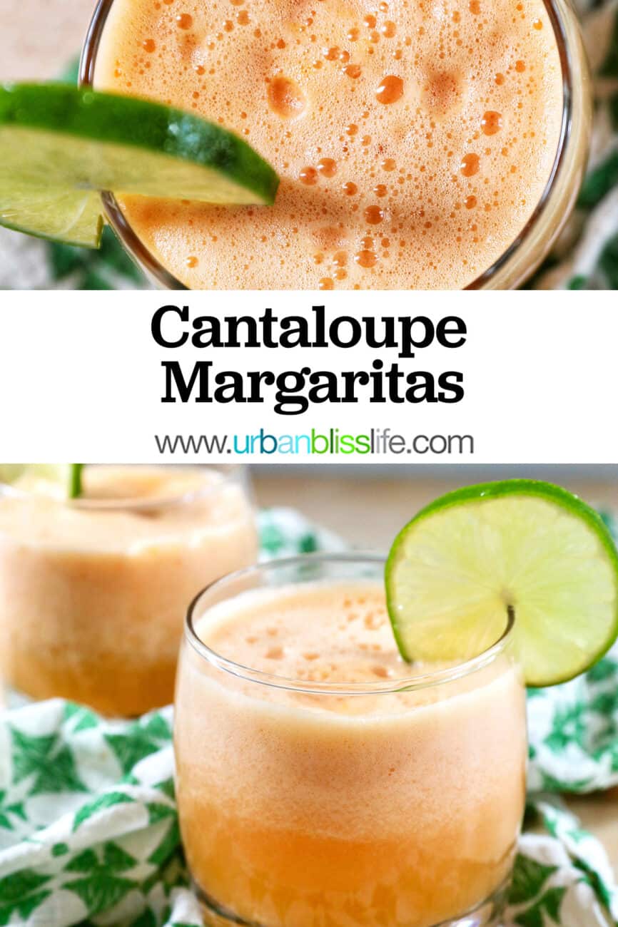 three glasses of cantaloupe melon margaritas with title text overlay.
