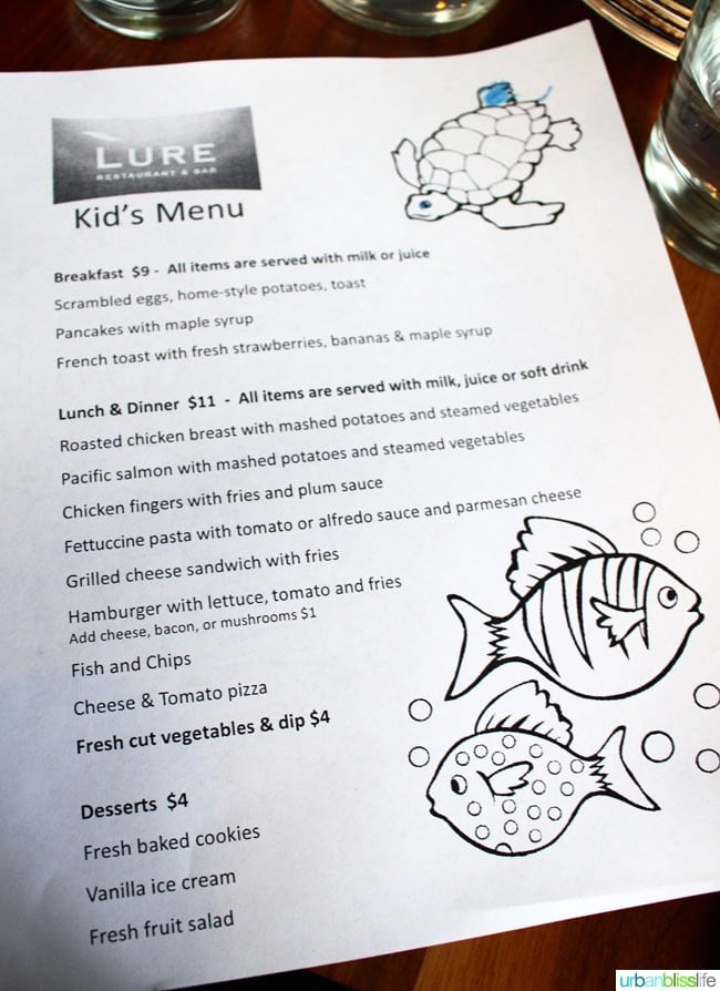 Kids menu at Lure Restaurant in Victoria British Columbia, Canada.