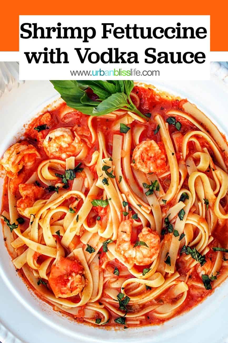 big bowl of shrimp fettuccine with title text overlay