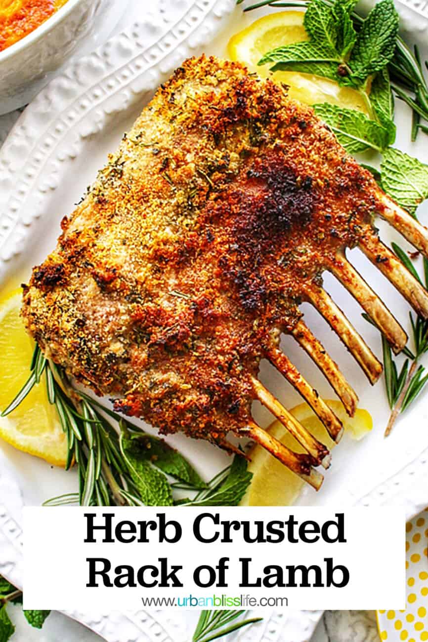 herb crusted rack of lamb with text overlay