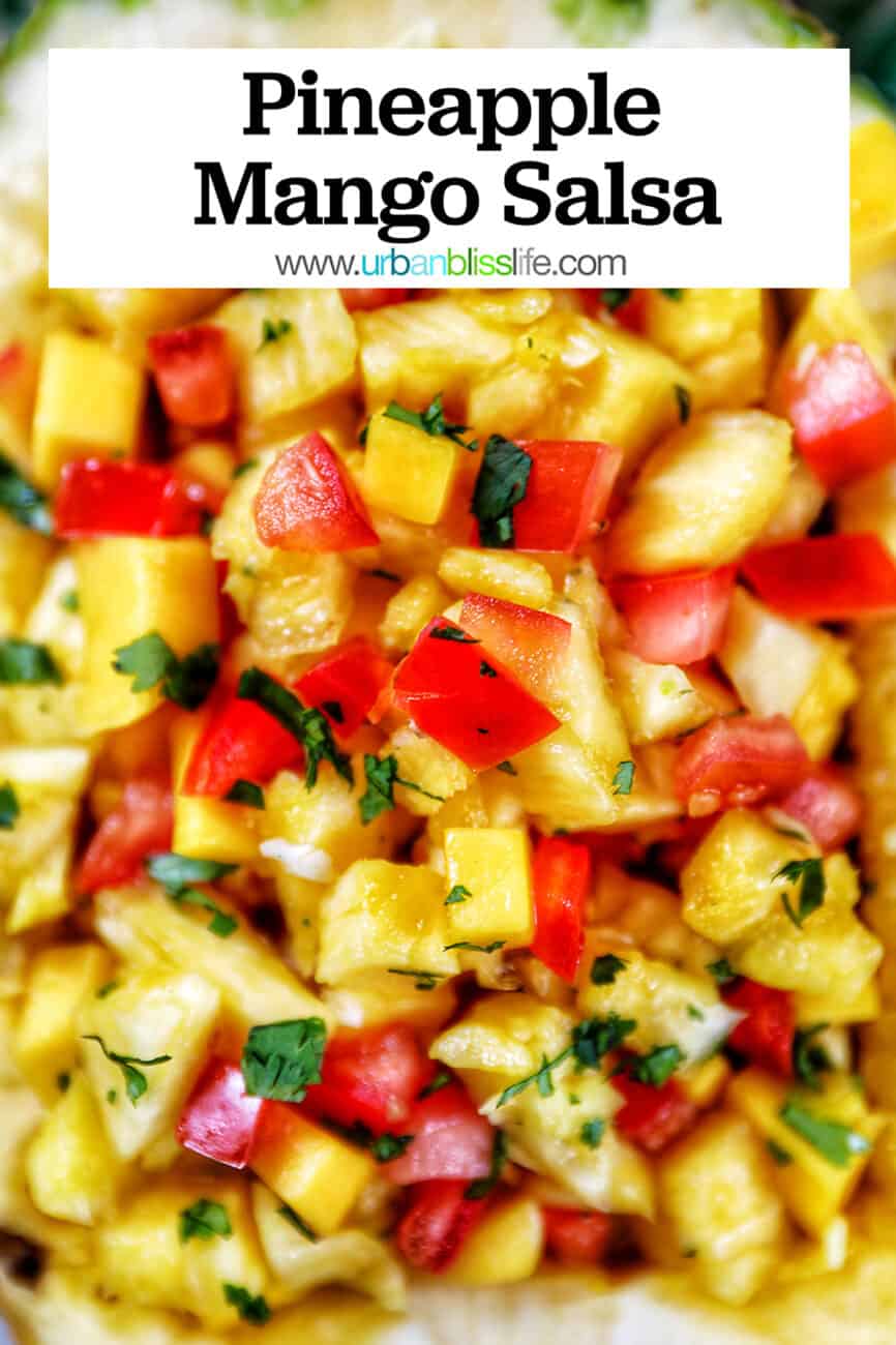 pineapples, mangoes, tomatoes in a salsa with title text overlay.