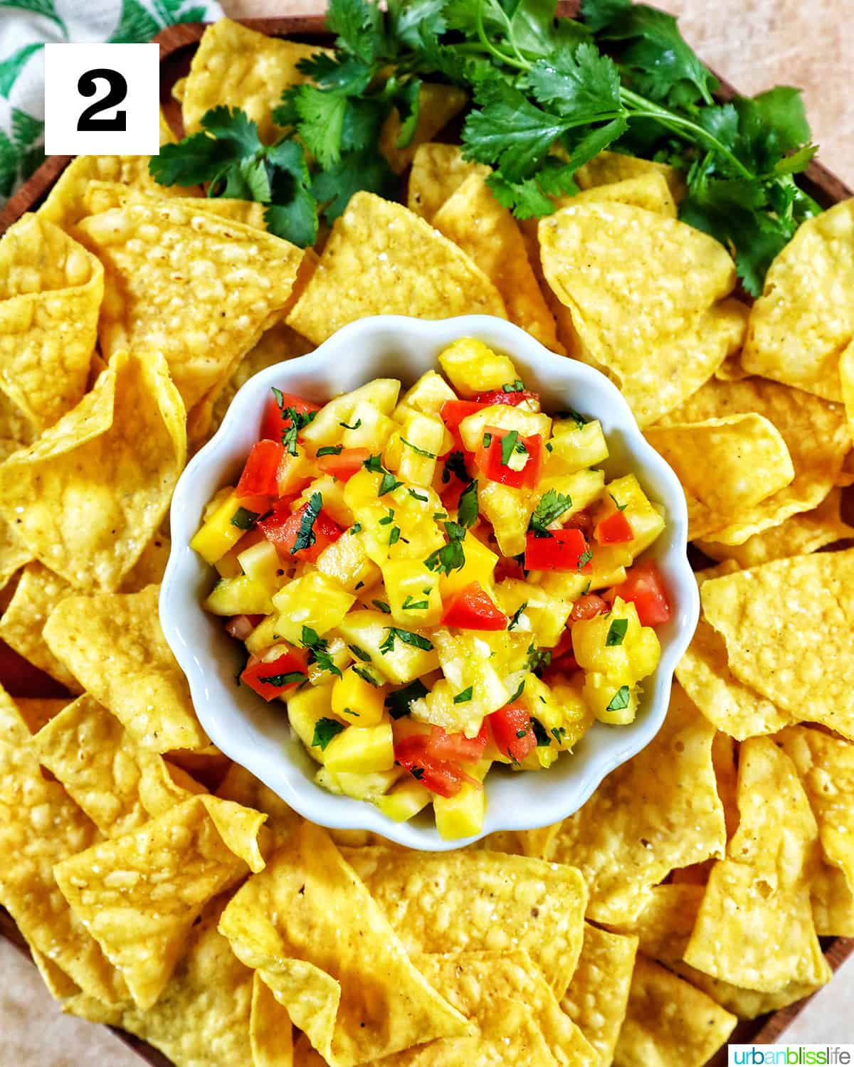 lots of tortilla chips surrounding a bowl of pineapple mango salsa with greens on top.
