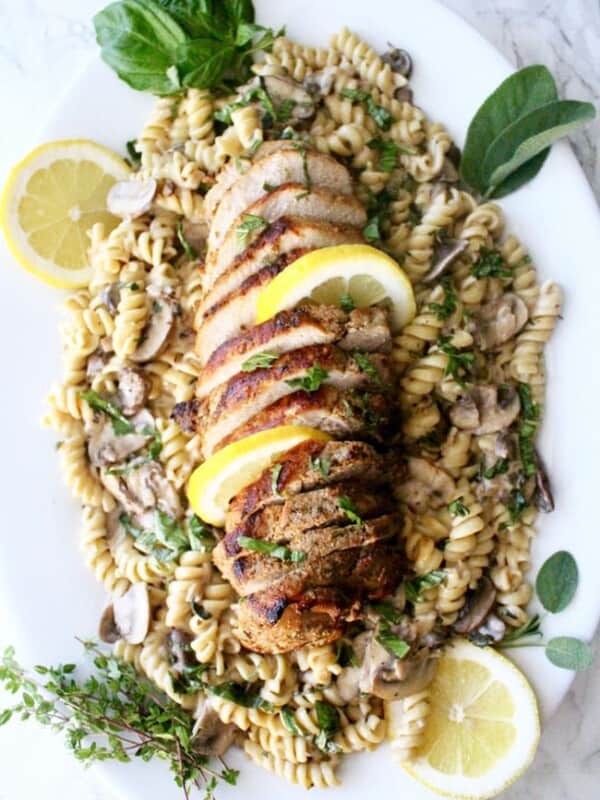Pork Pasta recipe with Mushroom Herb Sauce, Dairy-Free - recipe on UrbanBlissLife.com