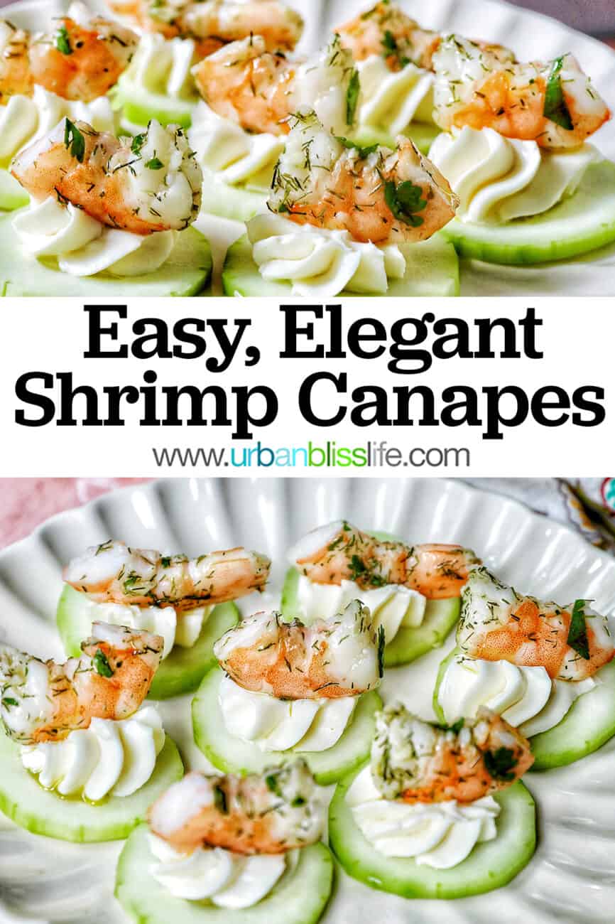shrimp cucumber cream cheese appetizers on a scalloped plate with title text overlay.