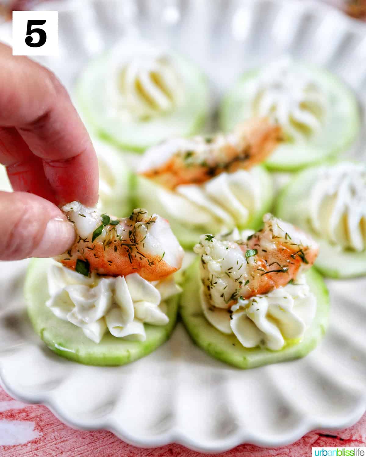 hand placing a shrimp on a cucumber cream cheese canapé appetizer on a scalloped plate.