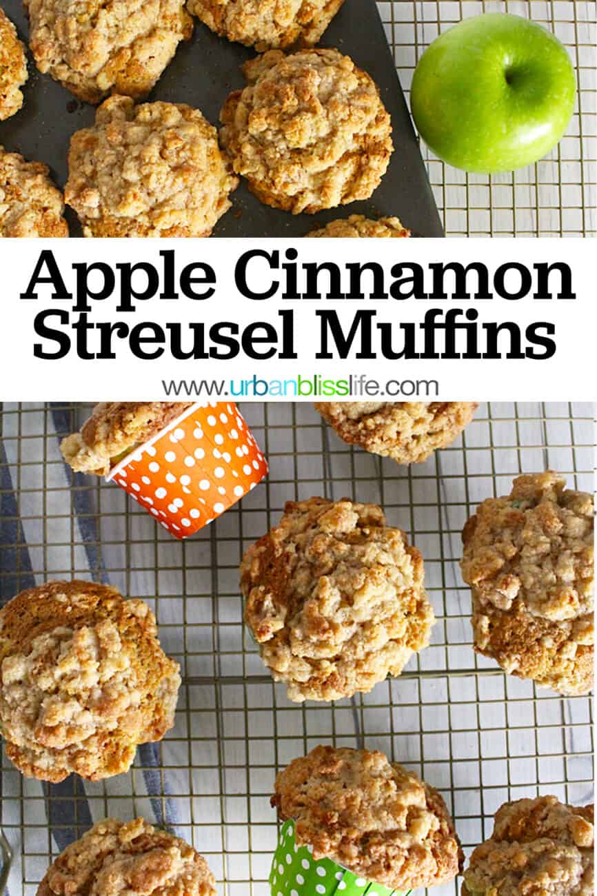 several cinnamon streusel muffins with text overlay.
