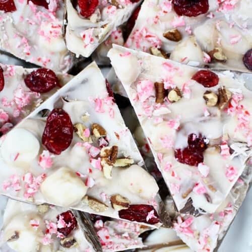 white chocolate cranberry bark broken into pieces for holiday candy.