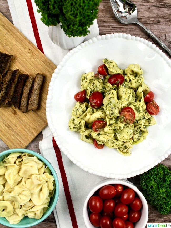 pesto steak tortellini on plate