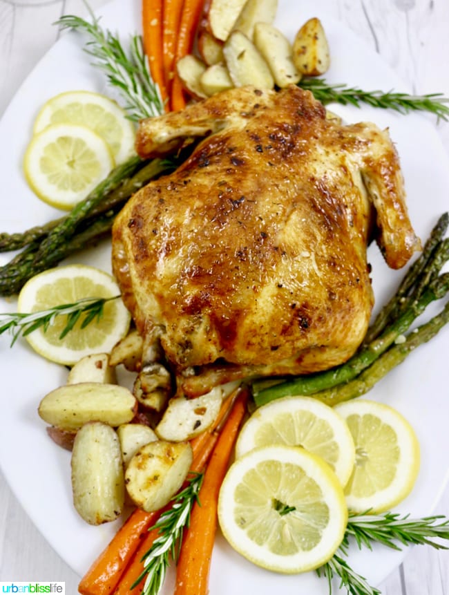 Easy Lemon Herb Roast Chicken with roasted vegetables, recipe on UrbanBlissLife.com