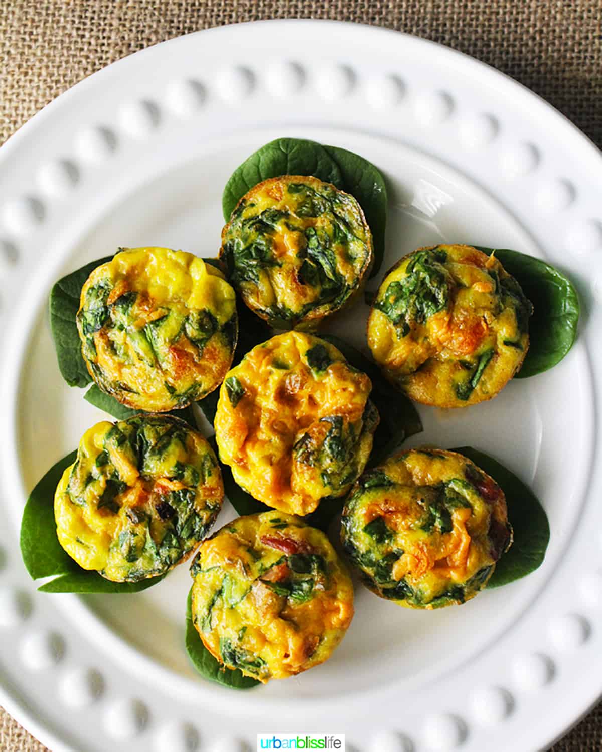 several cheesy spinach mini frittatas on a white plate.
