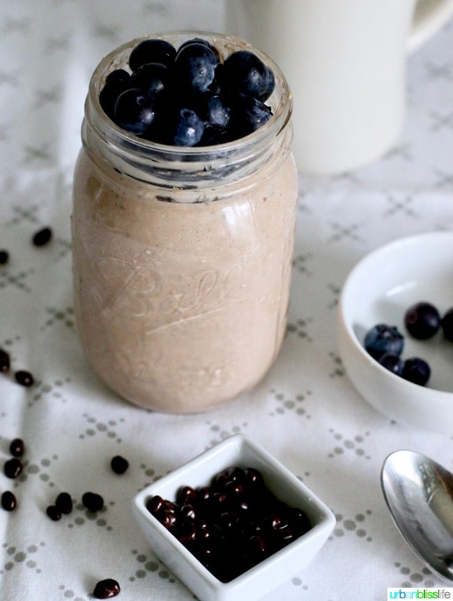 Chocolate Peanut Butter Overnight Oats with blueberries