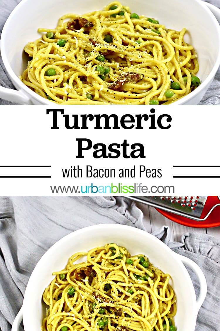 Turmeric pasta with bacon and peas