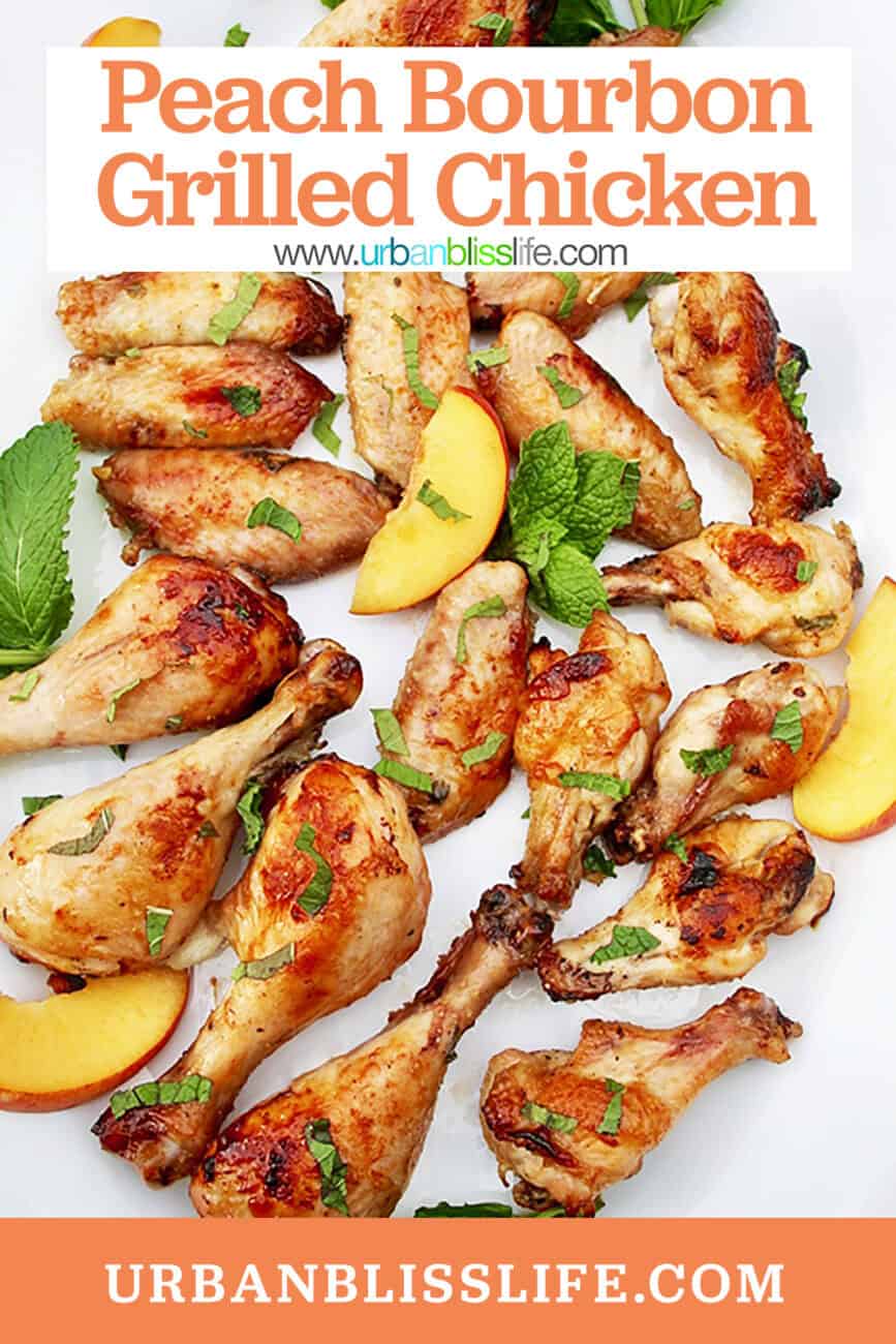 peach bourbon grilled chicken on a white plate with title text overlay.