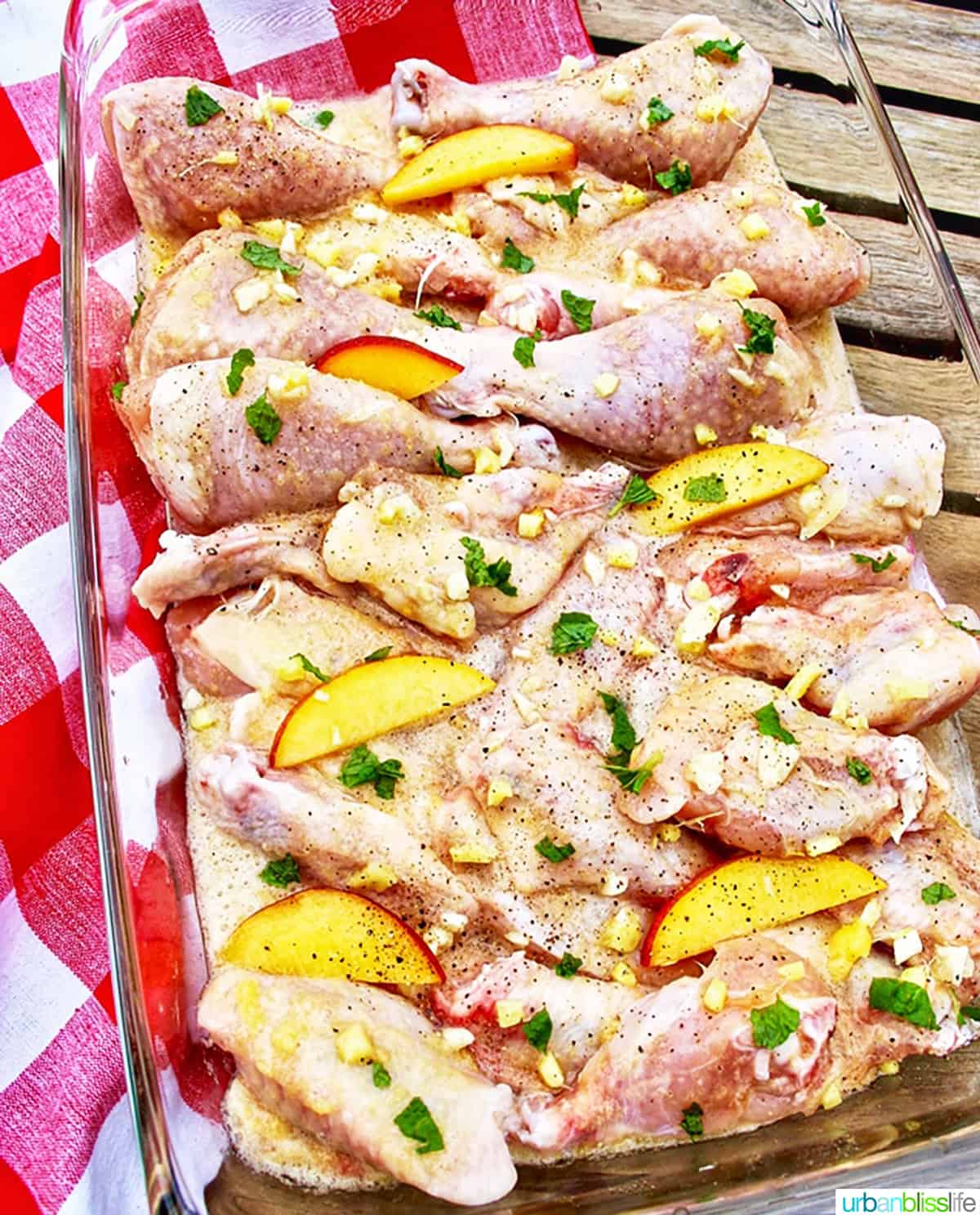 peach bourbon grilled chicken marinating.