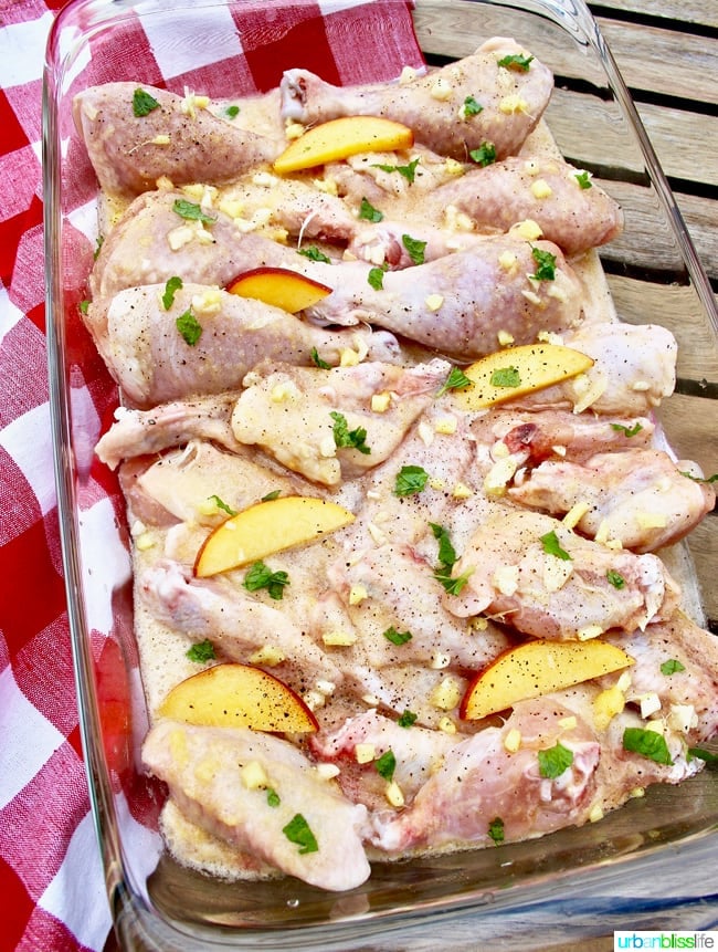 chicken marinating in bourbon and peaches