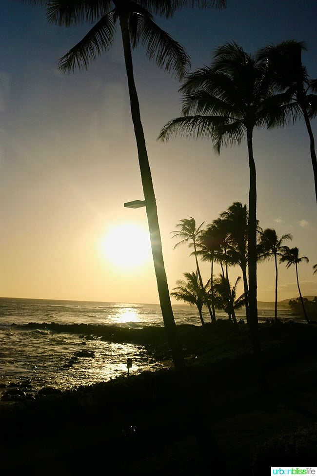 Beautiful Hawaiian sunset on Poipu Beach in Kauai, Hawaii on UrbanBlissLife.com