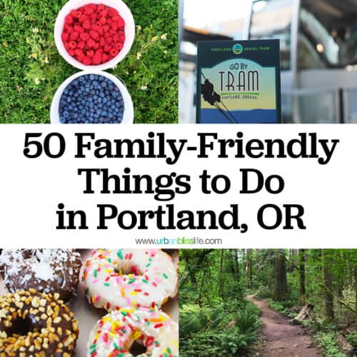 pictures of summer berries, the portland Tram, donuts, and hiking trail with title text that reads "50 Family-friendly Things to do in Portland, OR."