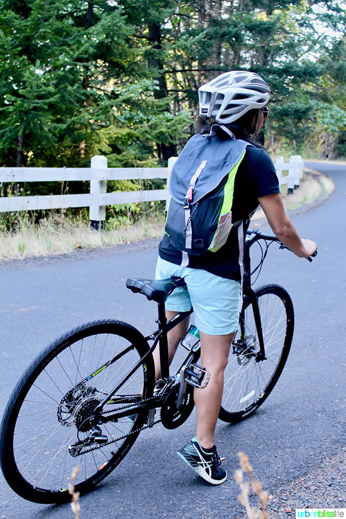 woman on a bike in Portland, Oregon.