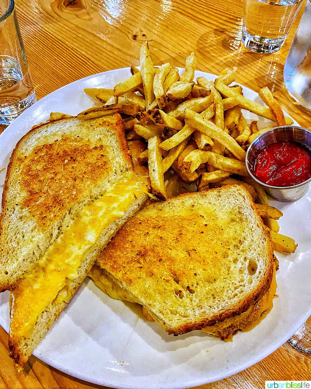 grilled cheese sandwich sliced in half with a large side of fries and ketchup on a white plate and wood table.