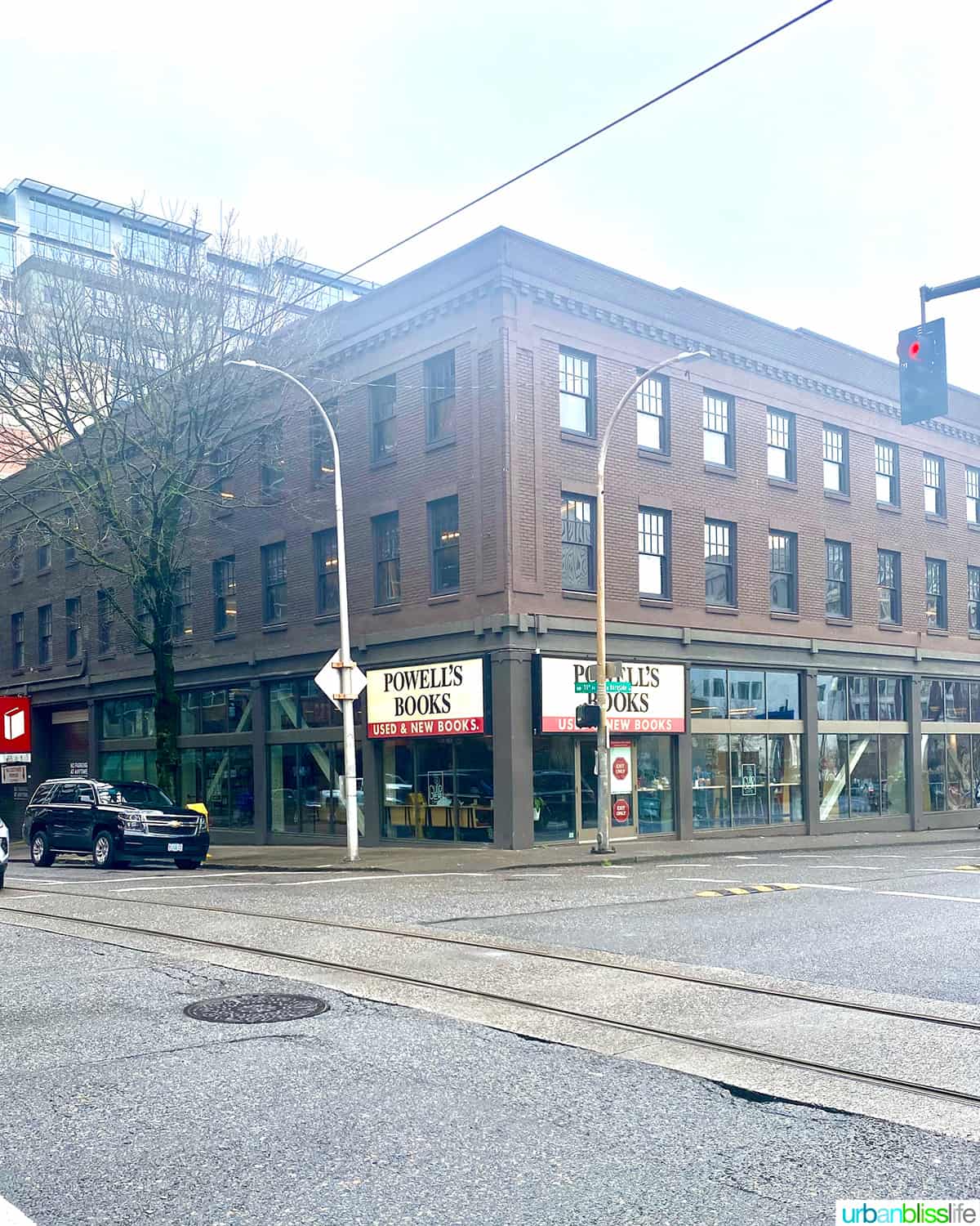 exterior of Powell's Books building in the Pearl District of downtown Portland, Oregon.