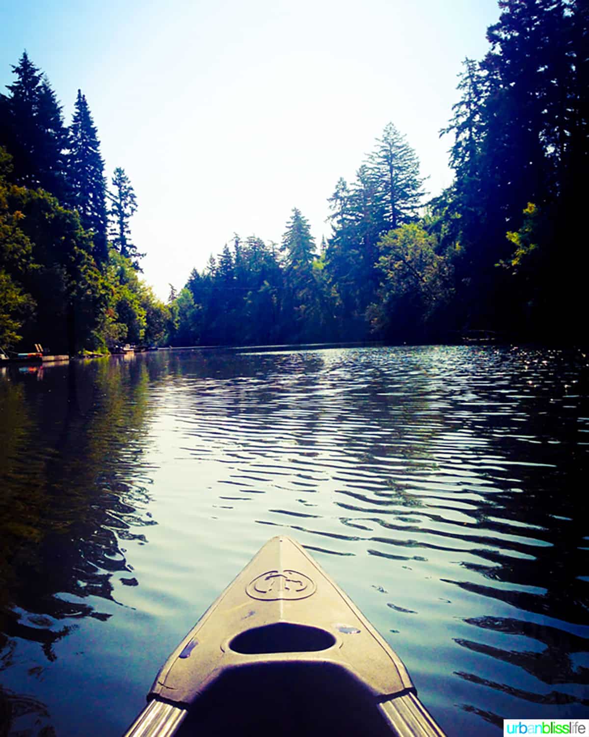 kayak on the tualatin river with trees in the background.