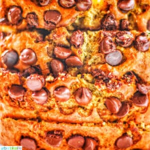 closeup of chocolate chip banana bread with lots of chocolate chips.