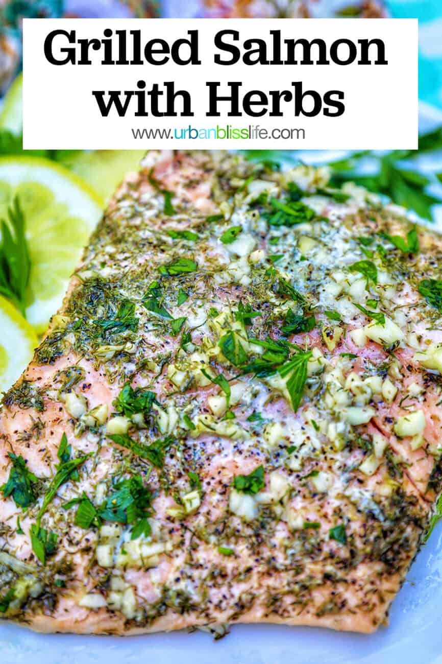 grilled salmon with lemon slices, garlic, and herbs on a checkered tablecloth with title text overlay.