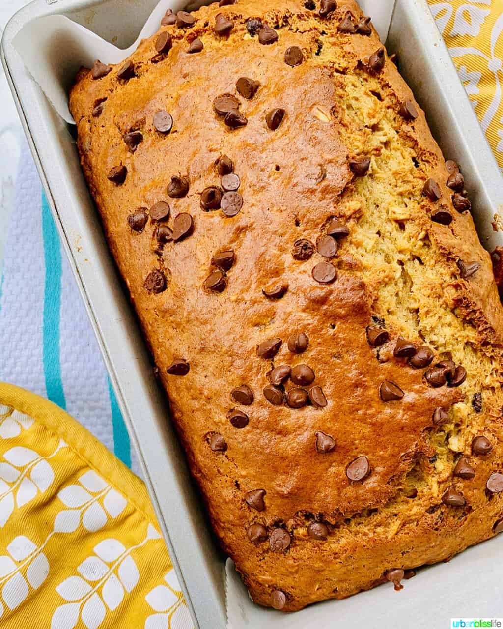 best chocolate chip banana bread in a loaf pan