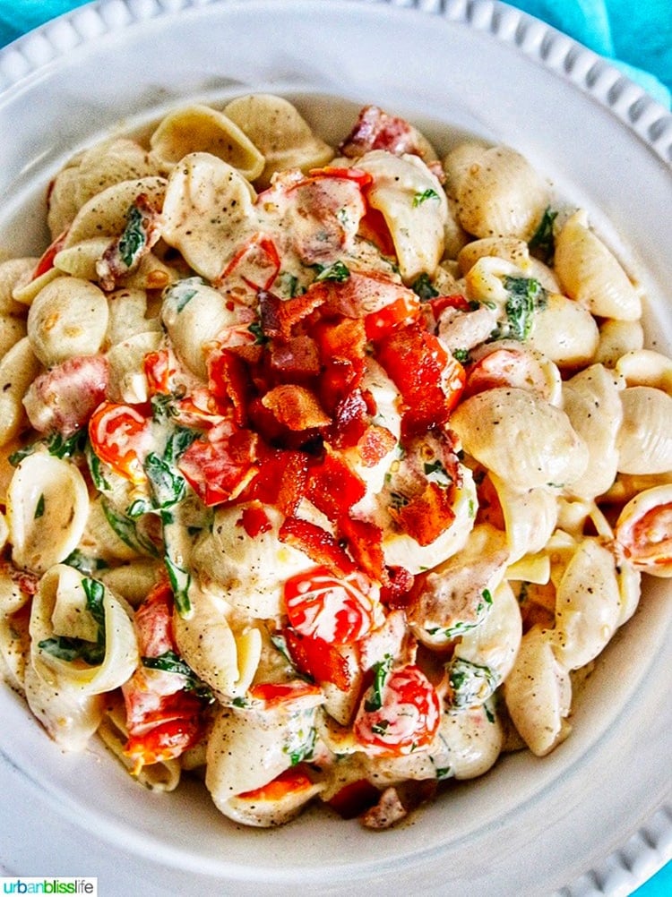 BLT pasta salad in a bowl
