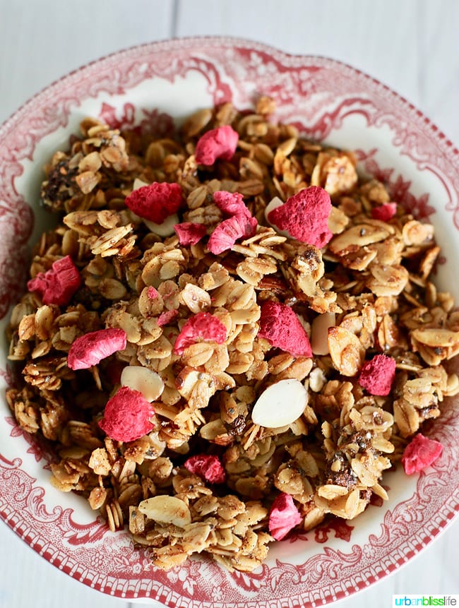 This homemade granola recipe with Brown Butter and Almonds is easy to make and delicious! Recipe on UrbanBlissLife.com