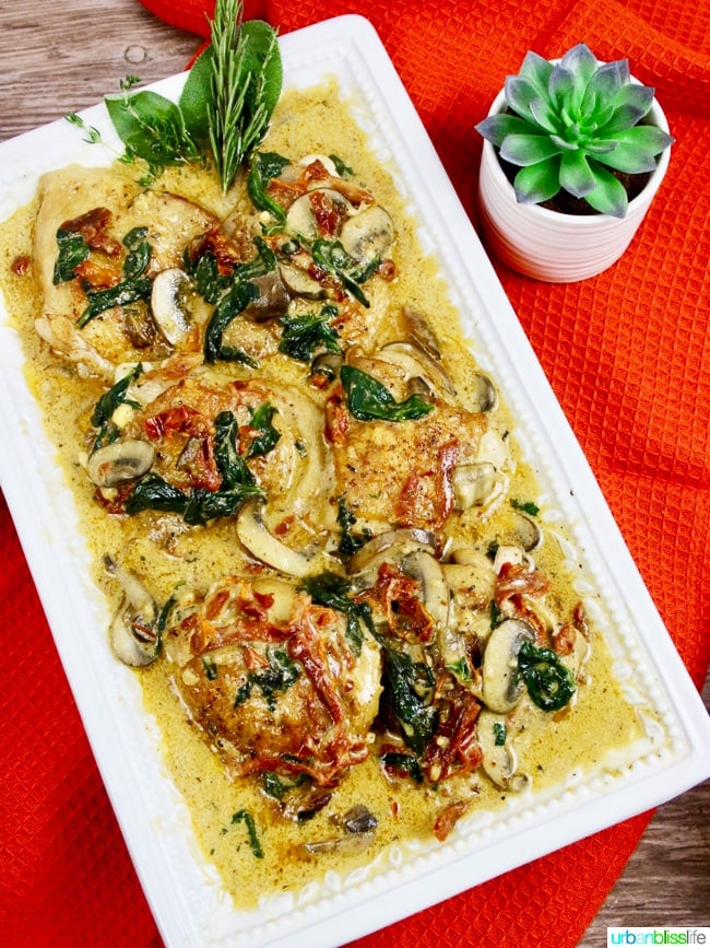 Chicken with Creamy Sundried Tomato Mushrooms and Spinach Sauce recipe on UrbanBlissLife.com