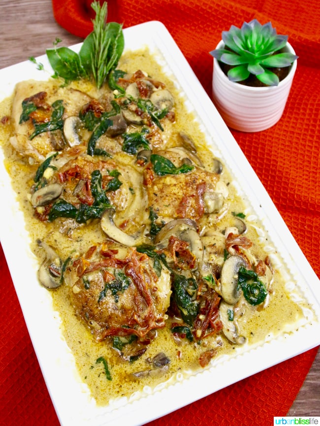 Creamy Sun-Dried Tomato Chicken with Mushrooms and Spinach Sauce recipe on UrbanBlissLife.com