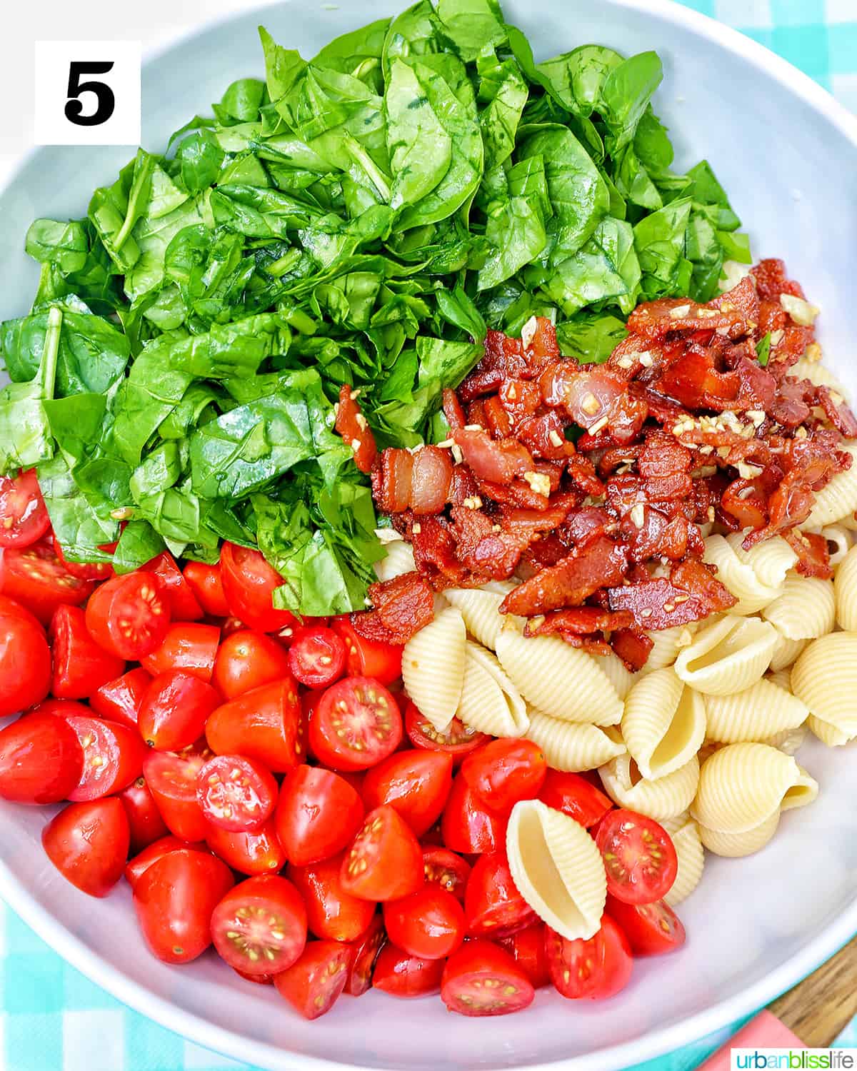 pasta shells, sliced tomatoes, shredded spinach, and cooked bacon in a bowl.