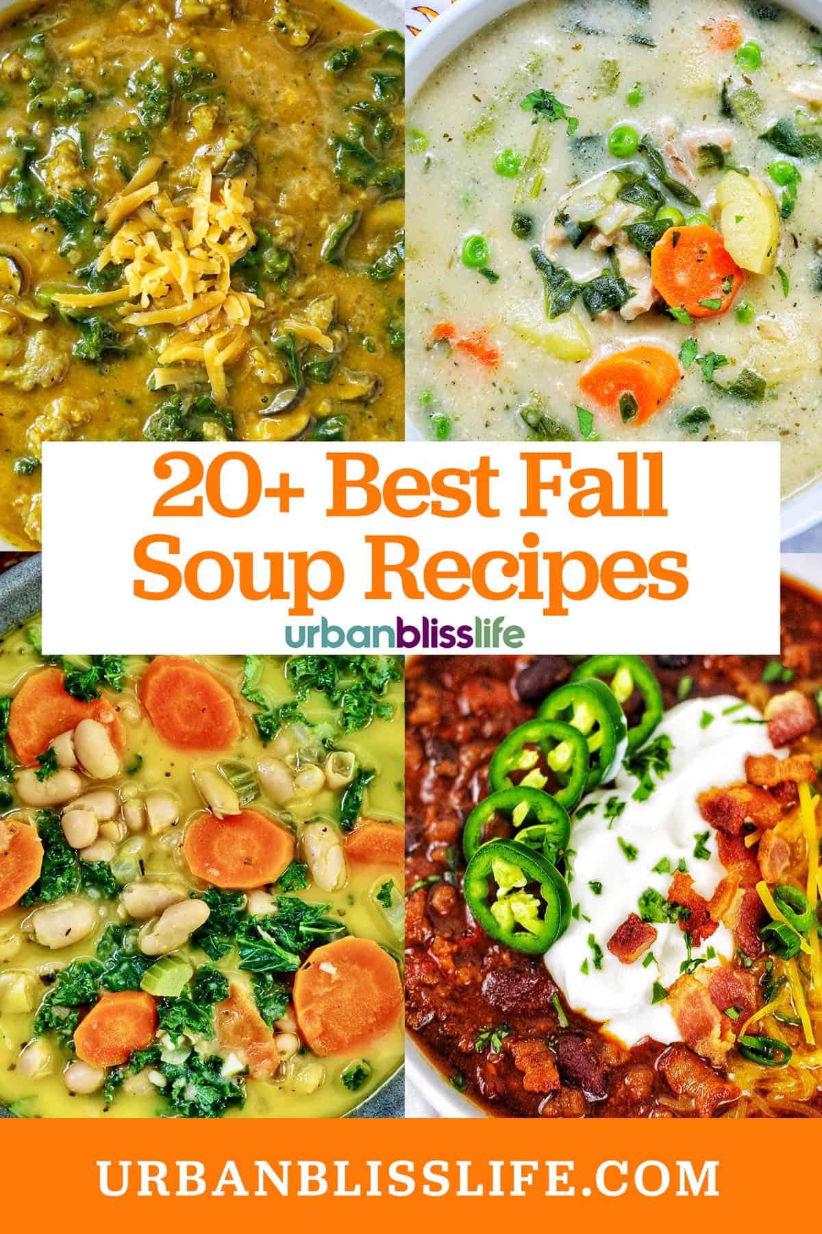 four fall soups with title text overlay "20+ Best Fall Soup Recipes."