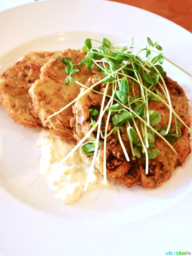 Larks Restaurant fried green tomatoes. Restaurant review on UrbanBlissLife.com