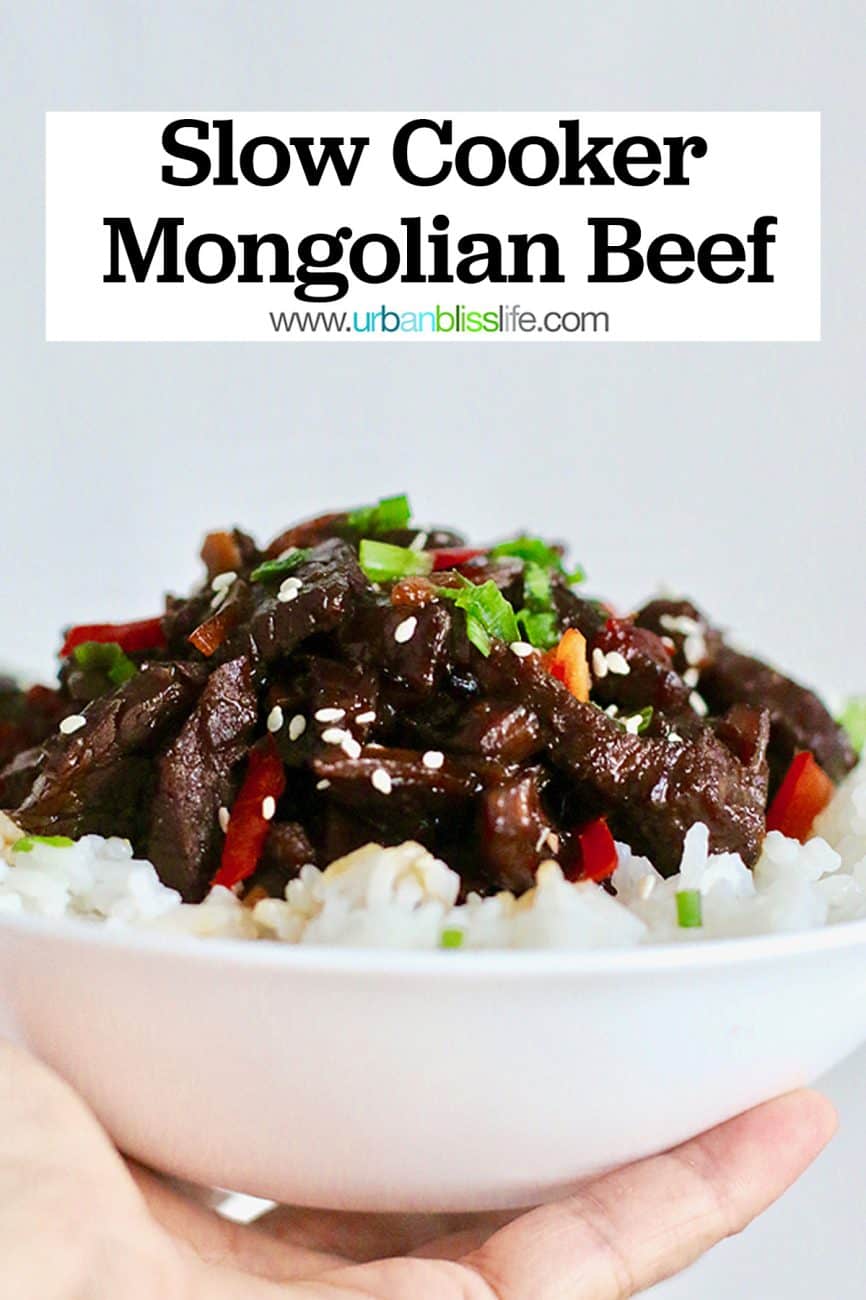 hand holding a bowl of Slow Cooker Mongolian Beef