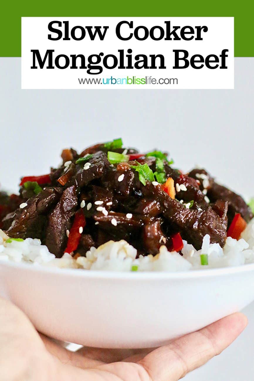 slow cooker mongolian beef in a bowl close up