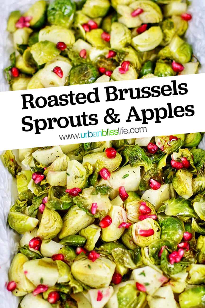serving platter with roasted brussels sprouts, apples, pomegranate and title text