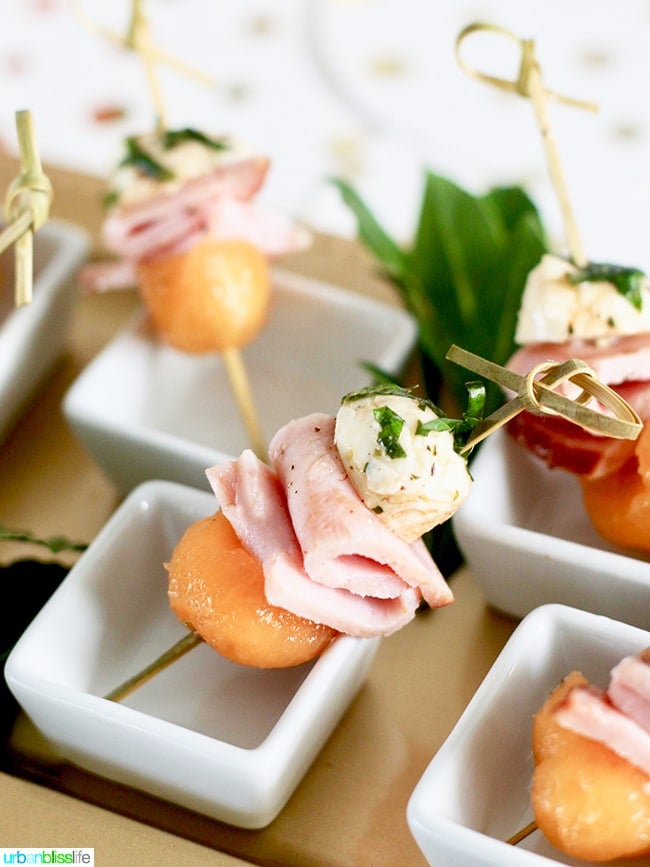 Ham, Melon, Mozzarella Bites party appetizer recipe on UrbanBlissLife.com