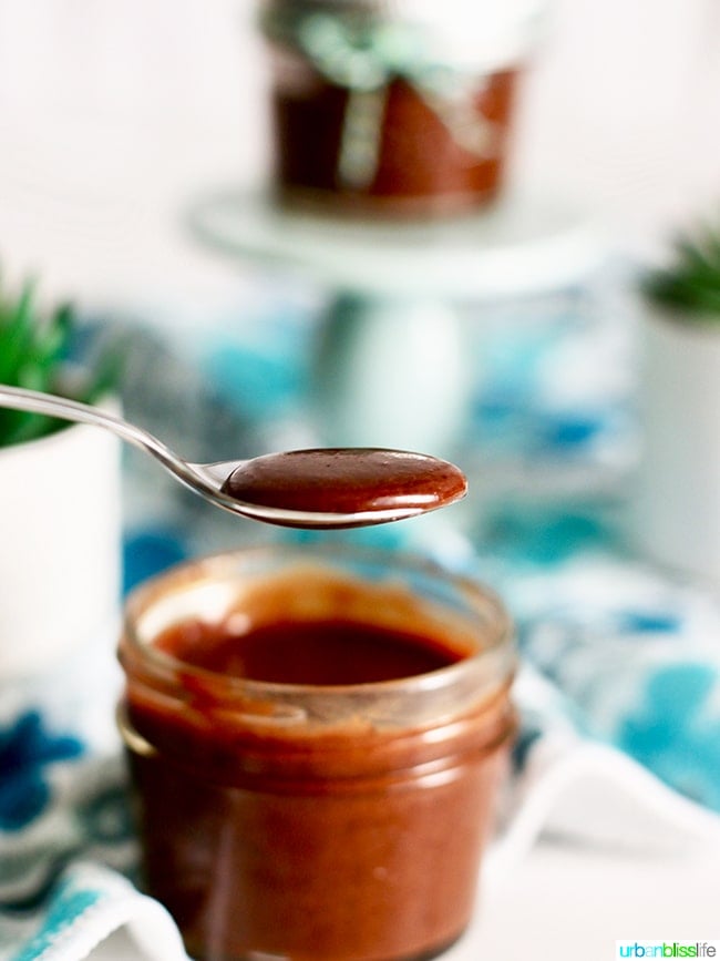 chocolate hazelnut spread on spoon on UrbanBlissLife.com