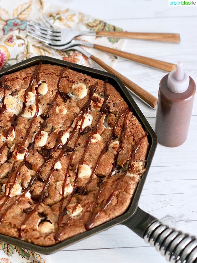 S'mores Skillet Pie with chocolate hazelnut spread drizzle