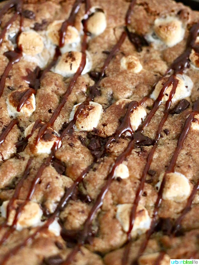 S'mores Pie close up with chocolate hazelnut spread drizzle