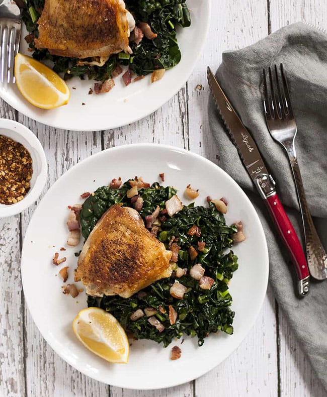 Crispy Chicken Thighs with Garlicky Kale and Bacon