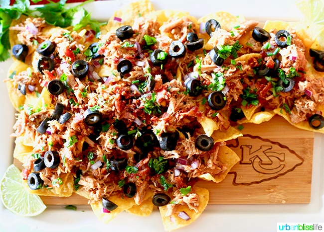 BBQ Pulled Pork Nachos - Tips for Making Your Homegating Party a Touchdown! Ideas and Recipes on UrbanBlissLife.com.