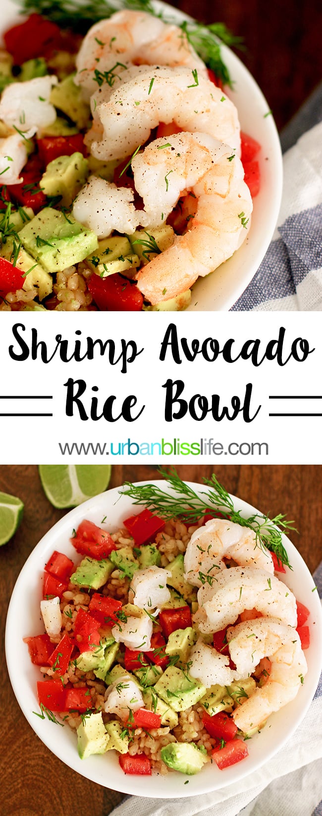 Gluten free dairy free recipes - Shrimp Avocado Brown Rice Bowl on UrbanBlissLife.com