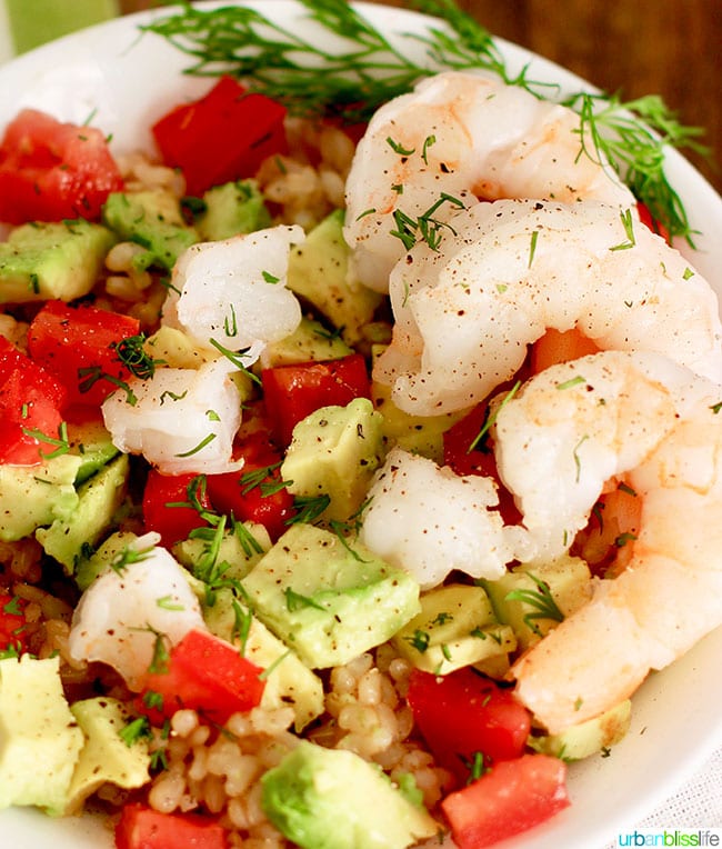 shrimp avocado rice bowl shrimp close up