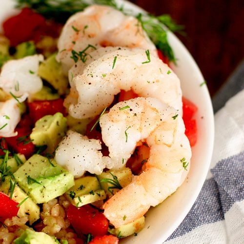 shrimp avocado brown rice bowl shrimp close up