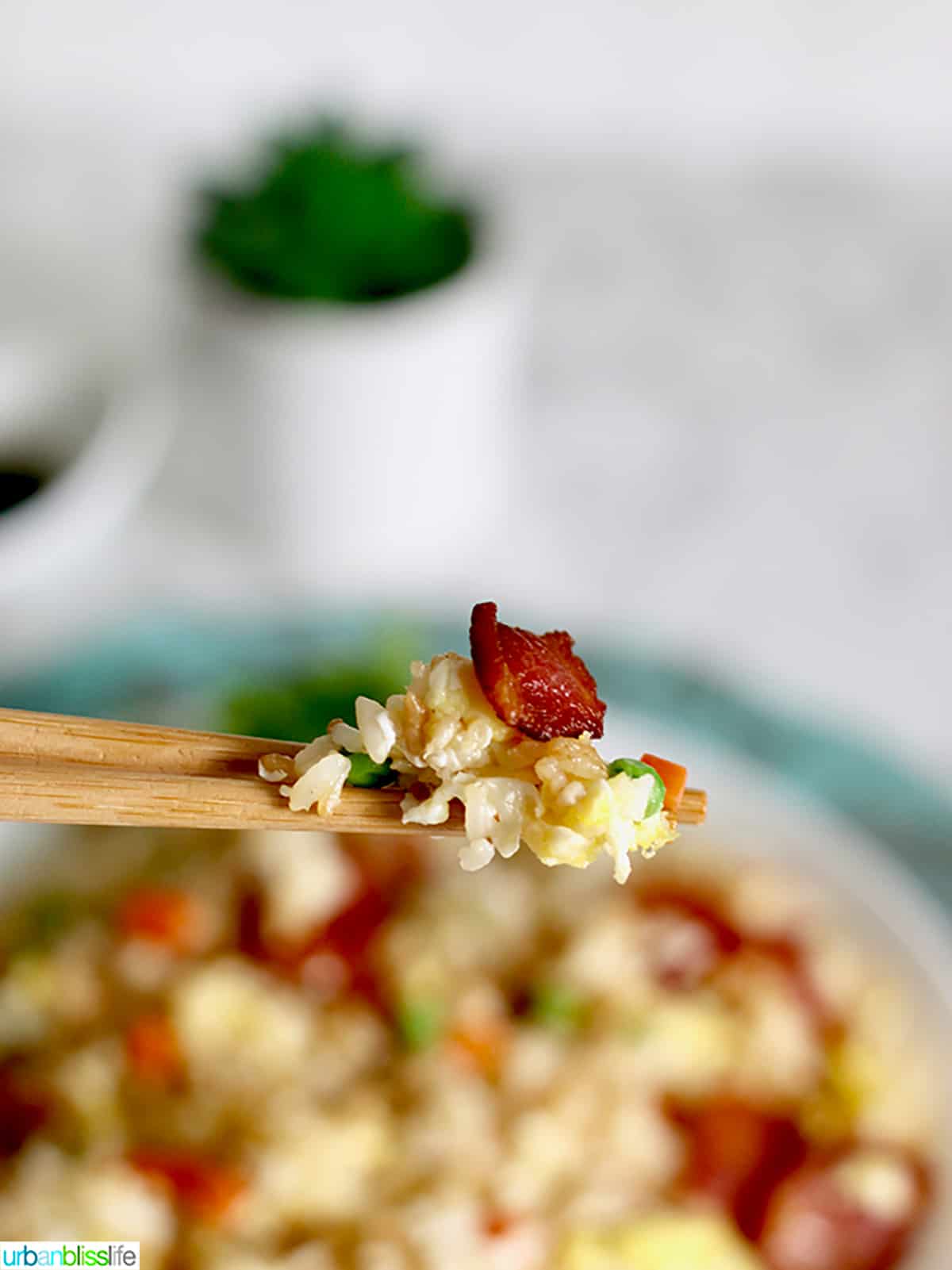 chopsticks holding up bacon fried rice