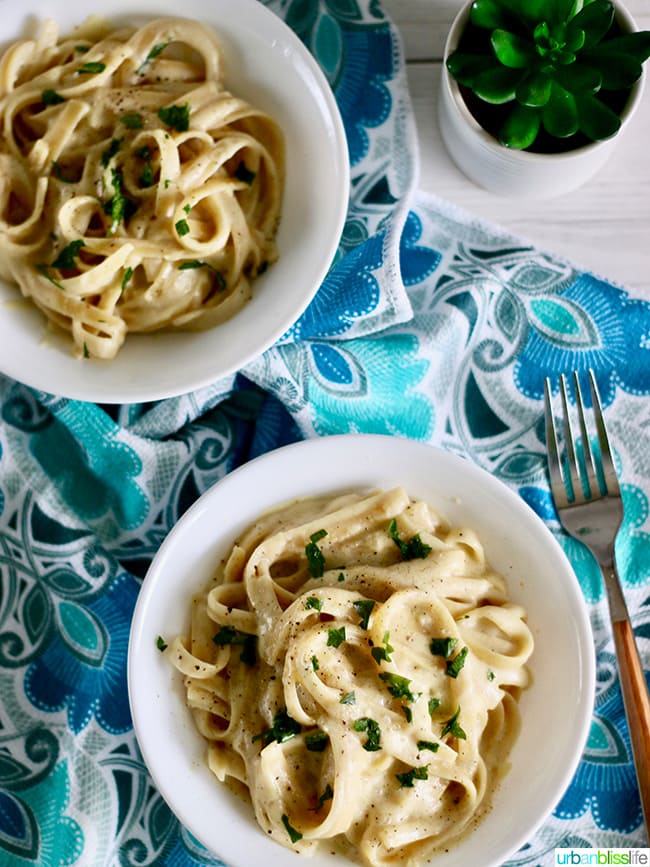 dairy free vegan alfredo sauce with fettucini in bowls