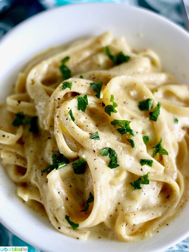 Dairy-Free Vegan Alfredo Sauce with Fettuccine overhead